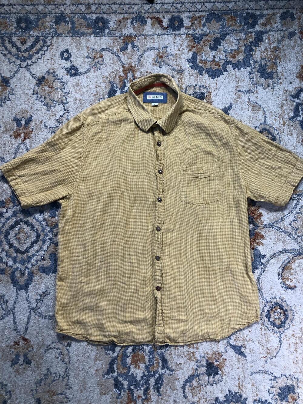 32 Bar Blues Shirt Mens XL Yellow Check Short Sleeve Button Up Casual Cotton